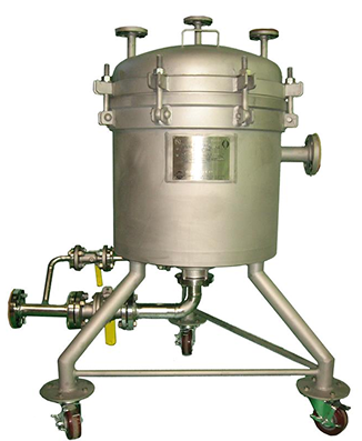 Stainless steel horizontal plate filter on caster wheels with multiple valves and a clamped lid.