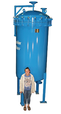 Large blue horizontal plate filter with a clamped lid, shown with a person standing beside it for size reference.